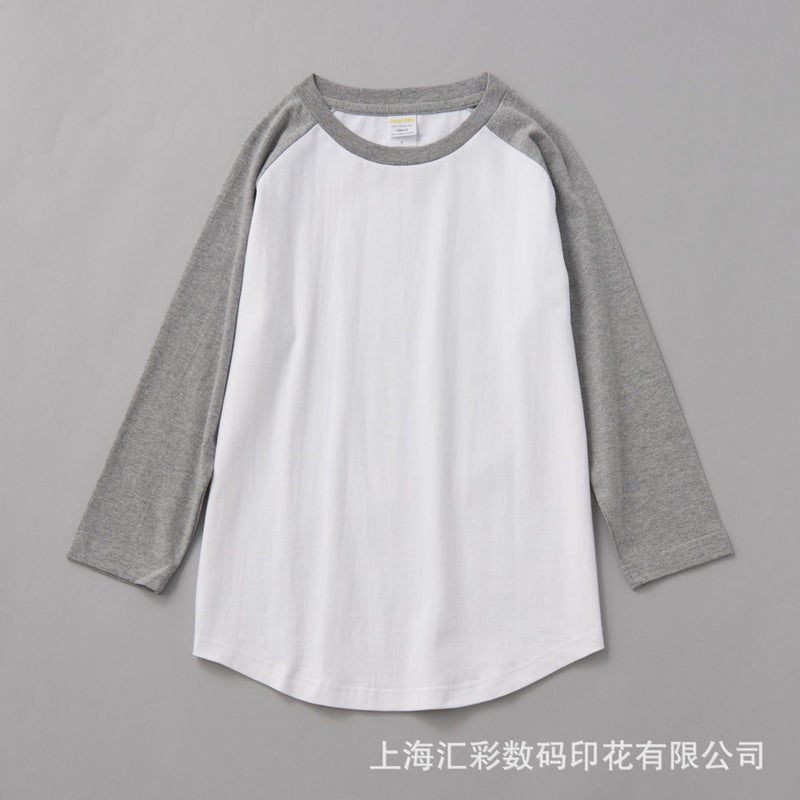 230G Raglan Seven-Point Sleeve T-Shirt Cotton Khaji Retro Oblique Shoulder Color Matching Curved Hem Two Needle Oversize - Image 1